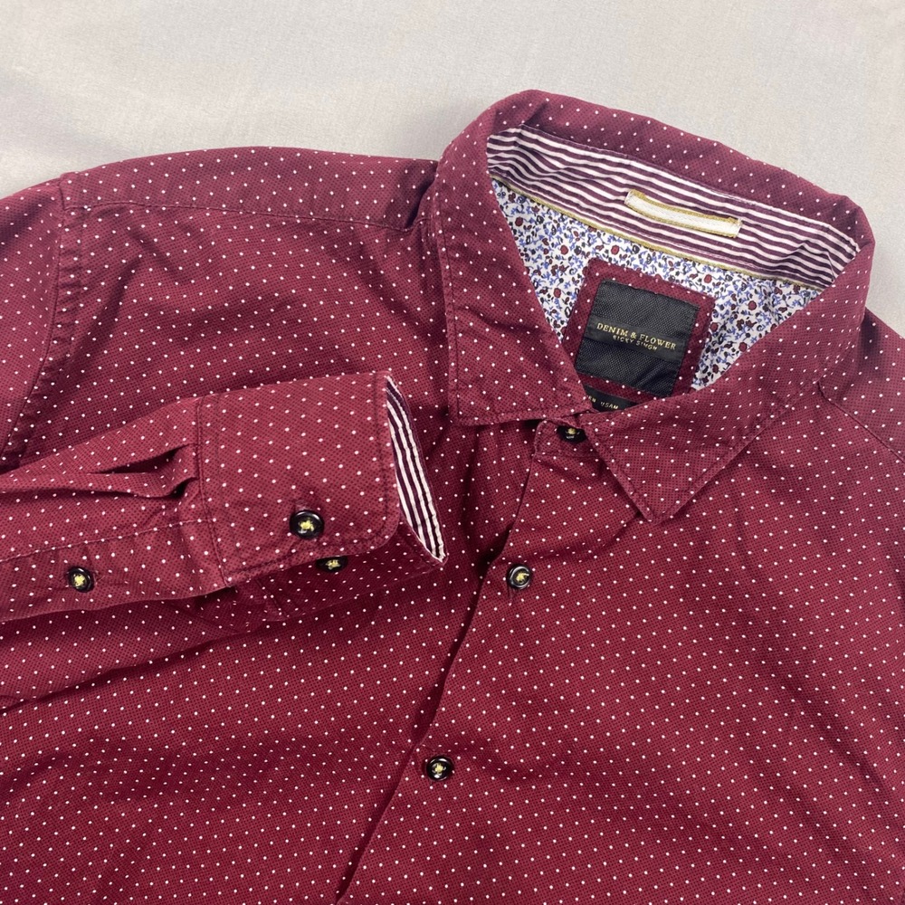 Denim & Flower Ricky Singh Mens Medium Burgundy Polka Dot Button Down Shirt L/S